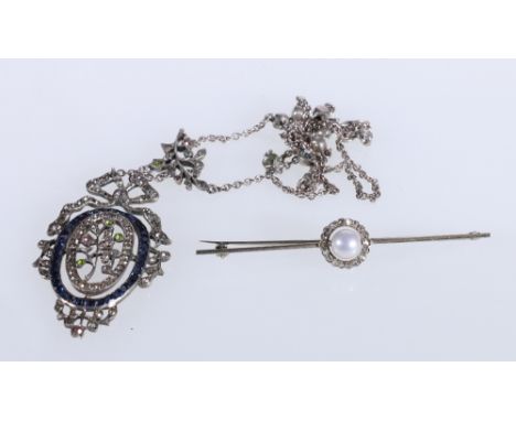 Unhallmarked bar brooch set with central faux pearl encircled by a ring of small diamonds, 6cm, 3g and a costume pendant on c