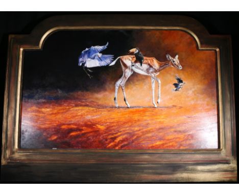 DHARBINDER SINGH BAMRAH (British 1965-2007) Out Of The Darkness And Into The Light Signed, oil on panel, 73cm x 120cm
