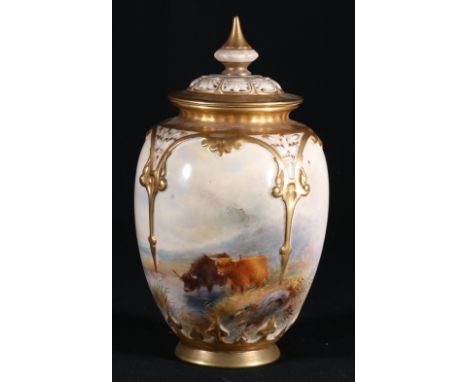 Royal Worcester Harry Stinton vase, painted with highland cattle signed, serial no H169, 18.5cm   CONDITION REPORT:  Lid has 