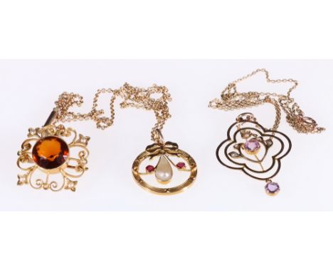 Two 9ct gold amethyst and pearl necklaces, both on small belcher link chains and a 15ct gold citrine pendant brooch, 13g gros