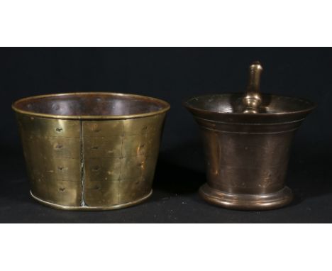Victorian bell metal pestle and mortar, 11.8cm and a brass planter 10.5cm
