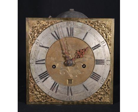 Mid-18th century brass longcase clock movement, maker WM Golsby of Greetworth, silvered Roman chapter, square date aperture. 