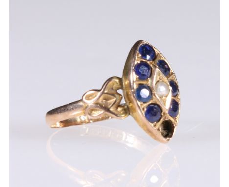 Victorian marquise shaped 9ct gold sapphire and pearl ring, hallmarked, 1.9g