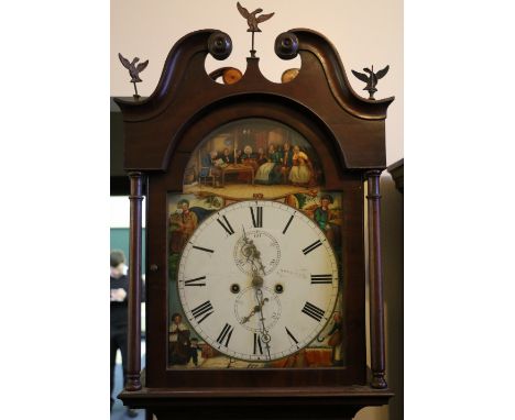 Victorian mahogany longcase clock, maker William Craik of Dalkeith, with painted dial depicting interior scene and the four s