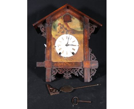 19th century Black Forest cuckoo clock, labelled Joseph Heine Pleustadt, of architectural form, painted face and circular ena