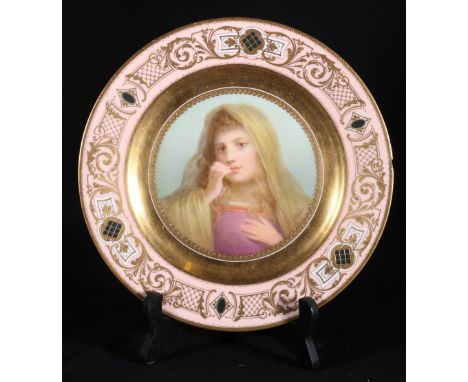 19th century Vienna cabinet plate, painted by Gorner, decorated with a portrait of a young woman, beehive mark, chipped, 24.5