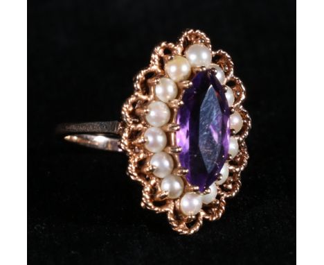 9ct gold ameythst and pearl dress ring, the central faceted navette shaped amethyst encircled by pearls, size L, 5.2g