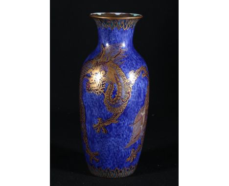 Wedgwood lustre vase with gilt dragons on a powder blue ground, 20cm.