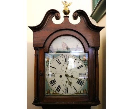 Victorian mahogany longcase clock, maker Andrew Mackie of Fraserburgh,the enamel dial with nautical scenes, 231cm high