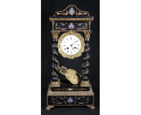 19th century ebonised brass and enamel portico clock, the movement stamped Raison & Thomas, with outside counter-wheel, strik