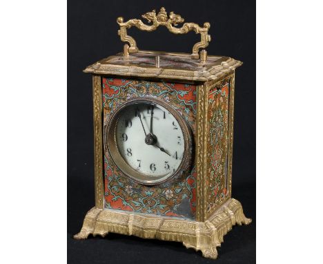 Early 20th century faux Boulle repeating carriage clock, with enamel Arabic dial, 20cm