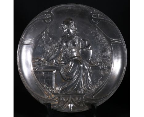 WMF pewter dish, modelled in relief with a classical maiden, pat. mp. 281A, 30cm.   CONDITION REPORT:  Some light scratches t