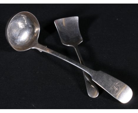 Victorian silver fiddle pattern toddy ladle initialled, Edinburgh 1843 GB and a silver plated sugar shovel by Henry Tatton