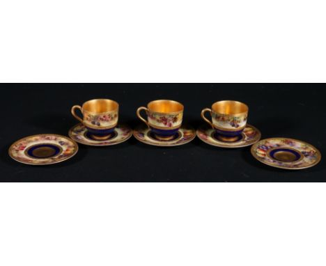 Group of three Royal Worcester coffee cups and saucers and two further matching saucers, painted with fruit by L Flaxman, 5cm