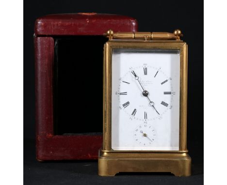 French brass Le Roy & Fils repeating carriage clock, the Roman enamel dial with alarm dial, serial no 10530 / 13131 striking 