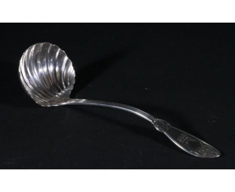 Tiffany & Co ladle with shell bowl and beaded stem, initialled MMM with crest of crescent moon and wings, H H & Co Patent 185