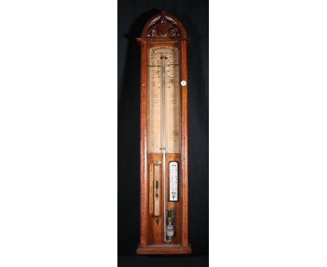 Victorian carved oak Fitzroy barometer with paper dial, 110cm