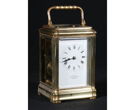 French brass repeating carriage clock, examined by Mappin & Webb, enamel Roman dial, silvered compensated platform escapement