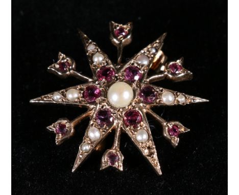 9ct gold ruby and pearl star burst brooch, approx 3.5g