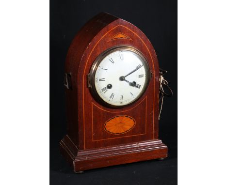 Edwardian marquetry mahogany lancet mantle clock with enamel dial and movement striking on a coiled gong, 35cm.