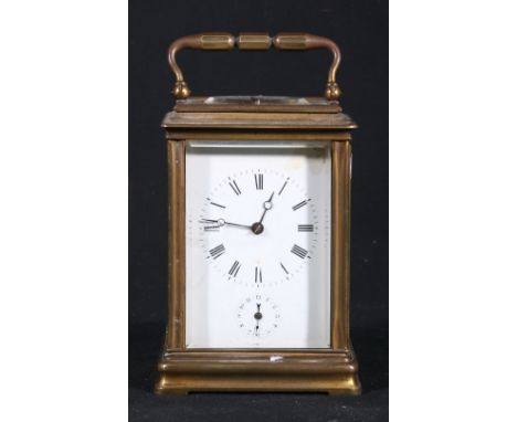 French brass repeating carriage clock, the Roman enamel dial with alarm dial, later platform escapement, striking on a gong, 