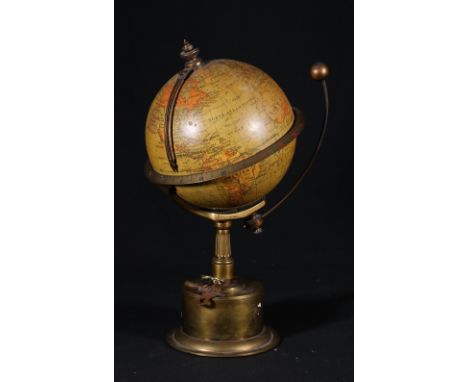 Early 20th century French brass globe "Empire Clock" with moon and equatorial ring with patent no 19460, clock work movement,