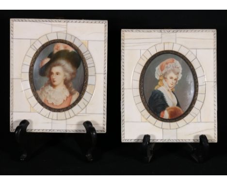 Two ivory framed French watercolour portrait miniatures, both signed, 8.5cm