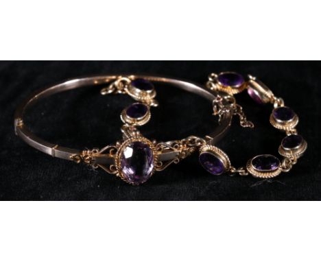 9ct gold ten link bracelet set with collet set amethysts and a hollow bangle with central faceted amethyst (2)