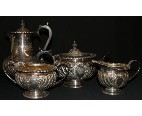 Victorian silver four piece tea service with gadroon and scroll decoration, WM monogrammed to the cartouche, Sheffield 1896 T