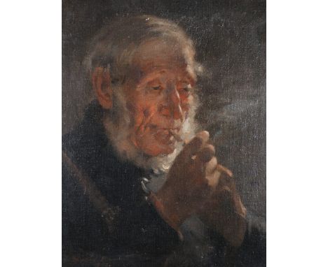 SCOTTISH SCHOOL Portrait of a Gentleman Smoking Oil on canvas, signed indistinctly 'William Brown'?, 44cm x 34cm.   CONDITION