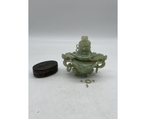 Antique 20th Century Chinese Jade Dragon Censer, along with Silver Trinket Box. Damages present to censer, please see the pic