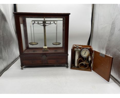 Vintage Mahogany and Glass Cased Pharmacy Precision Scales, along with Vintage Pneumothorax Apparatus. 