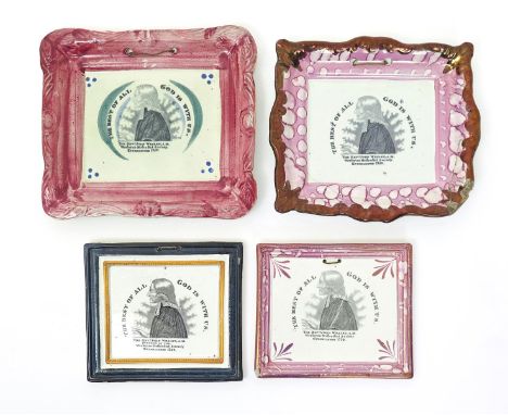 Four pearlware plaques relating to Methodism and John Wesley, 19th century, all printed in black with a profile portrait of t