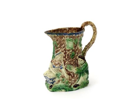 A large creamware Fair Hebe jug, c.1788, one side titled 'Fair Hebe' on a notice nailed to the tree trunk, a young man offeri