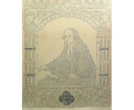 A rare biographical script portrait of John Wesley, c.1885, printed after Glück Rosenthal, the portrait drawn using a continu