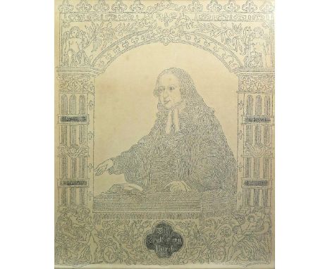 A rare biographical script portrait of John Wesley, c.1885, printed after Glück Rosenthal, the portrait drawn using a continu