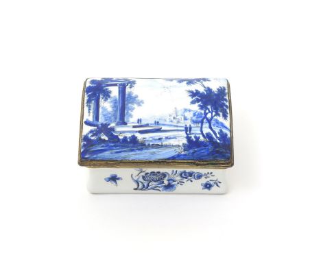 An English enamel snuff box, c.1770-90, the rectangular form painted in blue and black with small figures beside Classical ru