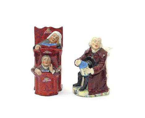 A Nightwatchman Toby jug, 19th century, modelled seated with a large lamp on one knee, and a Staffordshire pearlware model of