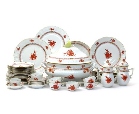 A Herend part dinner and coffee service, modern, painted in the Apponyi or Chinese Bouquet pattern, in the rust colourway, wi