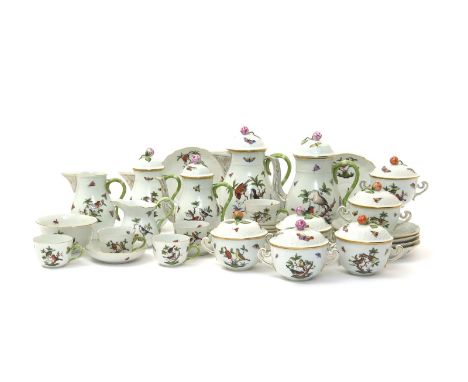 A Herend coffee and chocolate service, modern, painted in the Rothschild Bird pattern, with various songbirds perched on leaf