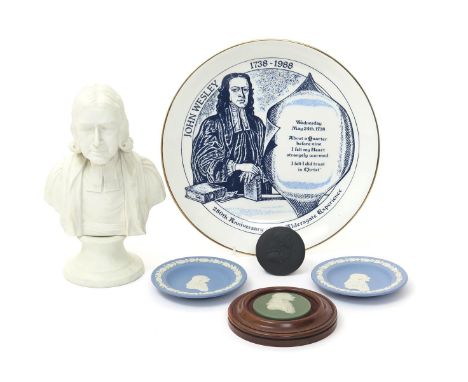 Two Wedgwood portrait plaques of John Wesley, 19th/20th century, one Jasperware, modelled in white relief on sage green and m