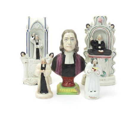 A pearlware bust of John Wesley, 1st half 19th century, modelled in his later years wearing ministerial dress, raised on a sq