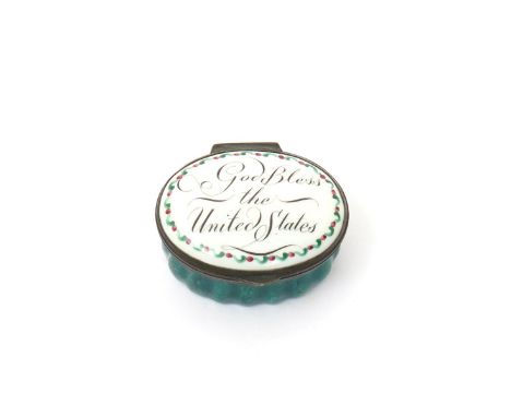 A rare English enamel patch box of American interest, c.1770-80, probably Bilston. the oval form titled in black to the lid w