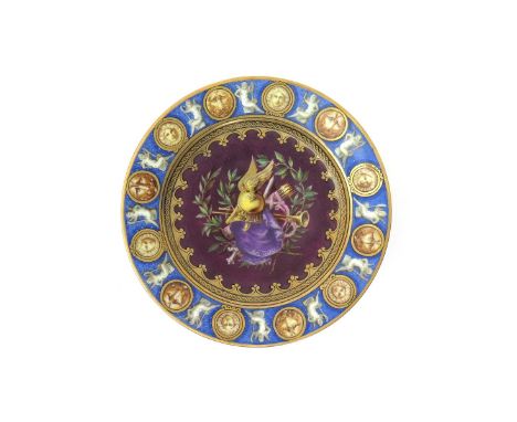 A Paris porcelain cabinet plate, 19th century, the well painted with various Classical attributes including Mercury's winged 