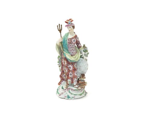 A large Derby figure of Athena, c.1760-65, resting one hand on her shield bearing the face of the Gorgon, an owl perched on a