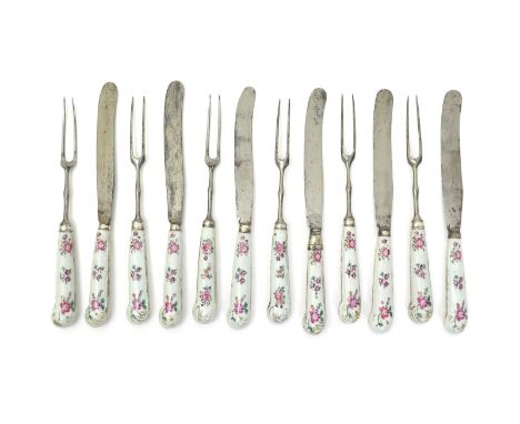 A six place set of Chinese porcelain knife and fork handles, Qianlong (1736-95), of pistol shape and painted in polychrome en