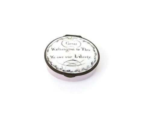 A rare Bilston enamel patch box of American interest, c.1780, the oval form titled to the lid in black with 'Great Washington