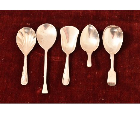 A collection of five silver caddy spoons. 
