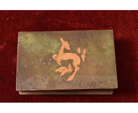 A metal trinket box with deer to front, wooden interior. Damage to hinge. H=3.5, W=15, D=9.5cm