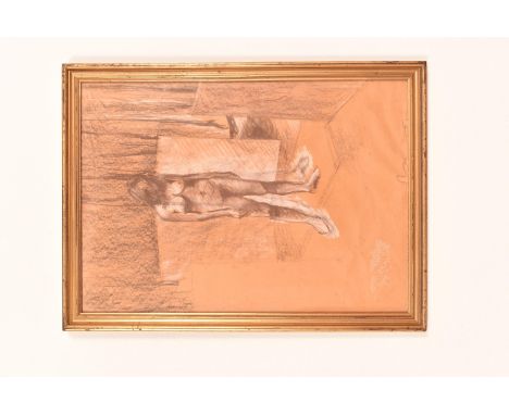 A chalk drawing of a nude female, full length portrait in gilt frame. H=64.5, W=47cm